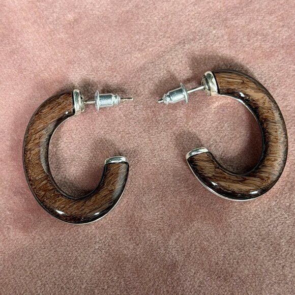Brighton Reversible Earrings — Brown Woodgrain & Silver Swirl C-Hoops - Picture 3 of 6